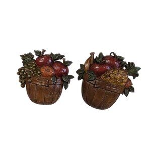 Vintage Saxton Fruit Basket Wall Décor Set Grapes & Pineapple Rustic Style 5.5"